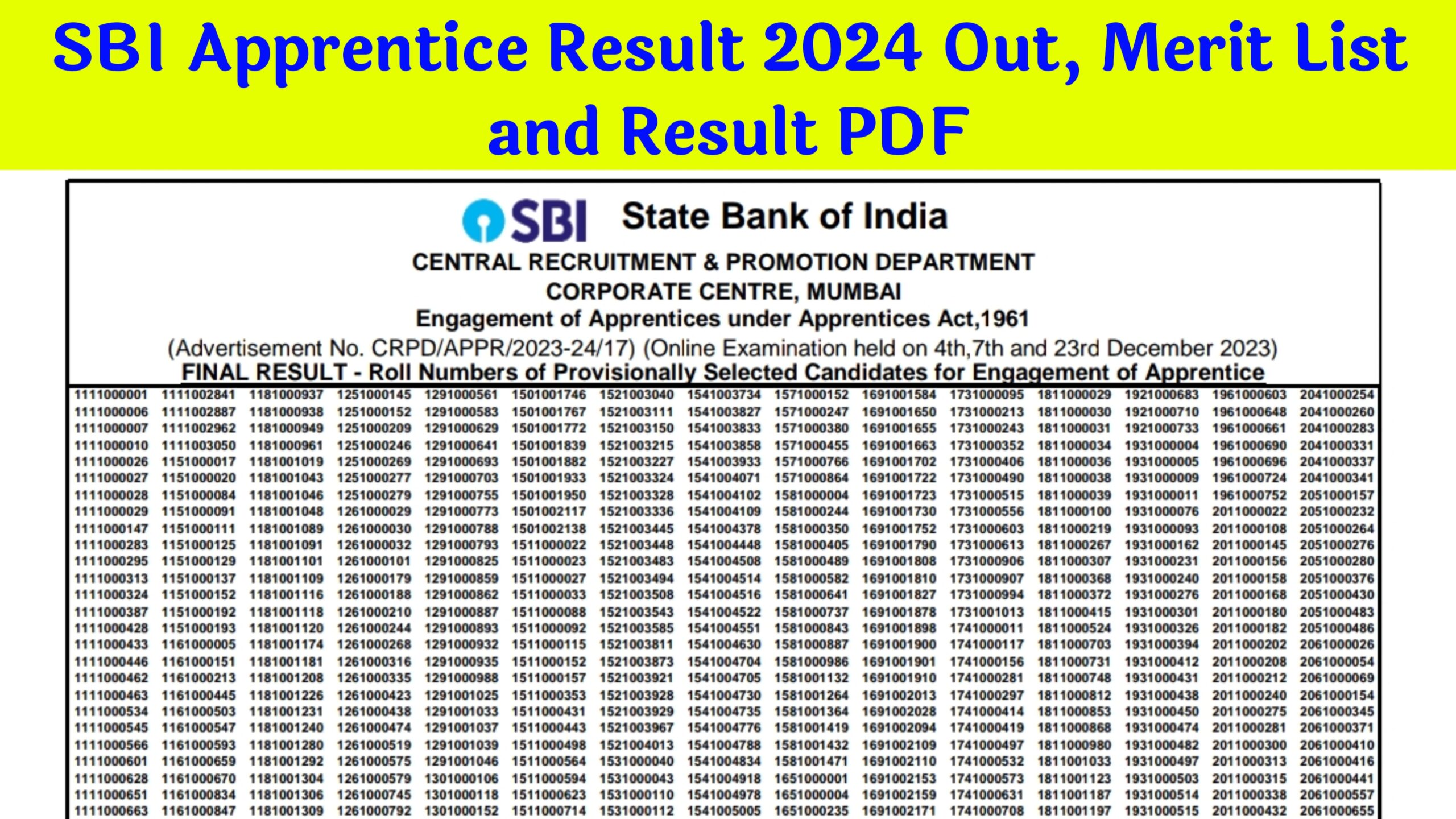 SBI Apprentice Result 2024 Out Check Now